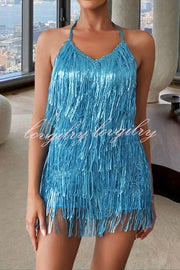 Shiny Sexy Halterneck Backless Lace-up Fringed Sequin Rompers