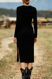 Solid Color Round Neck Long-sleeved Suede Slim-fit Tassel Midi Dress