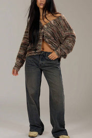 Fashionable Mixed Color Loose V-neck Casual Knit Cardigan