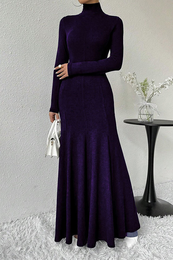Solid Color High-neck Long-sleeved Slim-fit Fishtail Elegant Maxi Dress