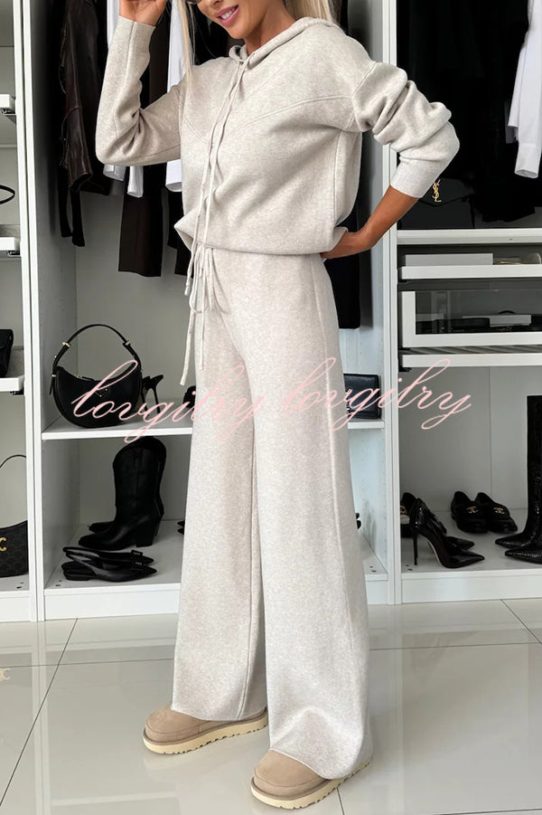 Solid Color Loose Hooded Tie Sweatshirt and Elastic Waist Casual Straight Pants Set