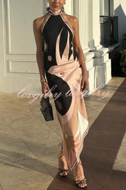 Satin Unique Print Halter Neck Backless Irregular Vacation Midi Dress