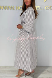 Striped Print V-Neck Long Sleeve Casual Loose Maxi Dress