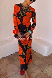Perfect Cross-season Mesh Poppy Flower Print Long Sleeve Stretch Maxi Dress