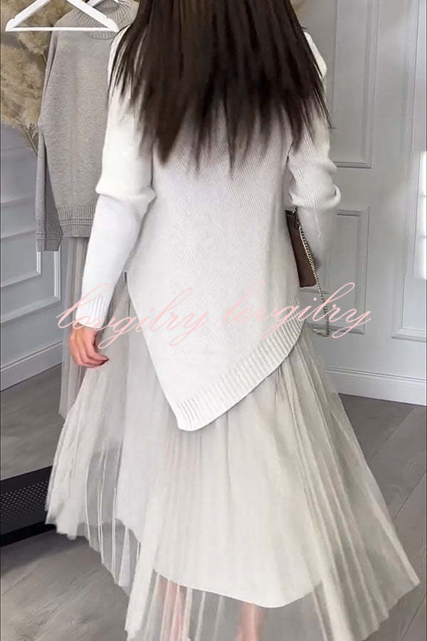 Jensine Ribbed Knit Long Sleeve Irregular Hem Loose Sweater