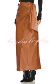 Snappy Casual Slay Faux Leather High Rise Wrap Tie-up Stretch Maxi Skirt
