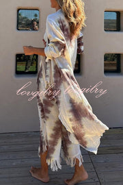 Kailani Linen Blend Tie-dye Print Irregular Hem Duster Kimono