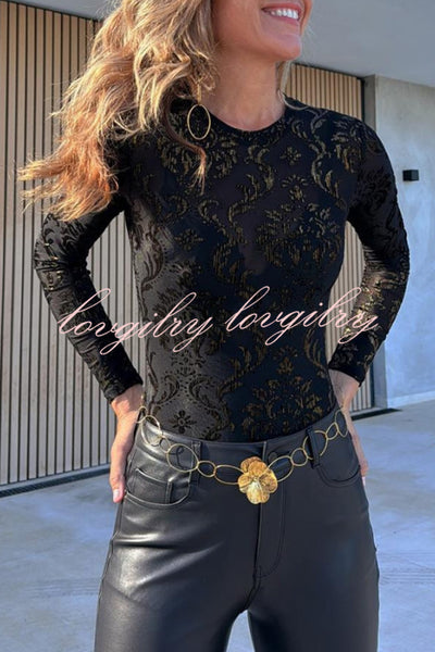 Sol Velvet Mesh Unique Pattern Long Sleeve Stretch Bodysuit