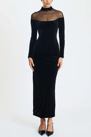 Fashionable Velvet and Mesh Spliced long-sleeved Slim-fit Maxi Dress
