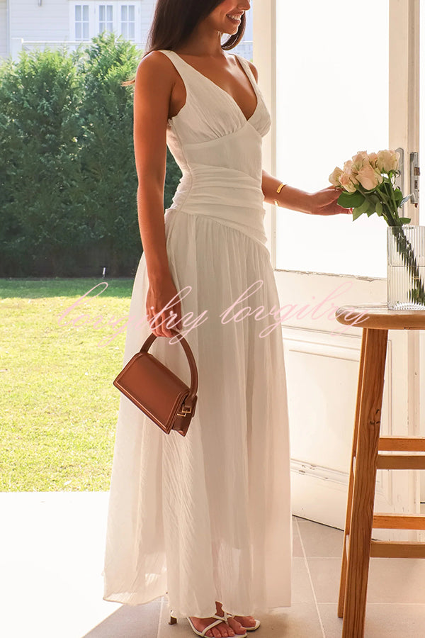 Solid Color V-neck Waist Hollow Slim Maxi Dress