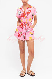 Unique Printed Lapel Short-sleeved Waist Tie Pocket Rompers