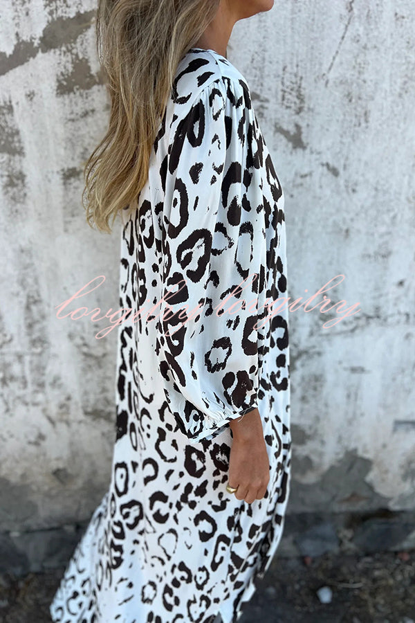 Leopard Print Loose V-neck Pocket Holiday Style Maxi Dress