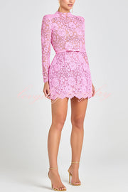 Champagne Toast Flower Lace Long Sleeve Bow Belted Mini Dress