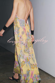 Plant Print Halter Back Loose Holiday Maxi Dress