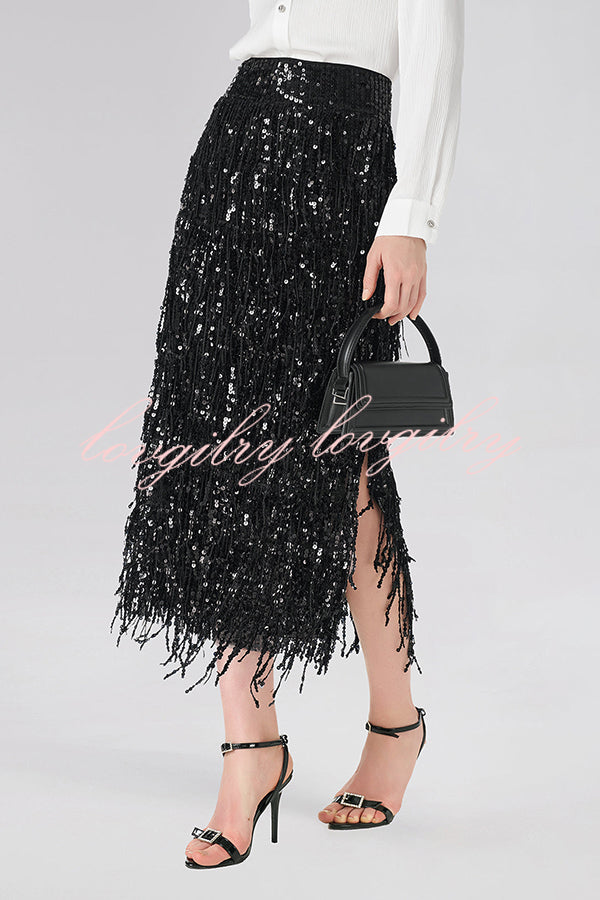 Evening Charm Layered Sequined Tassels High Rise Back Zipper Slit Midi Skirt