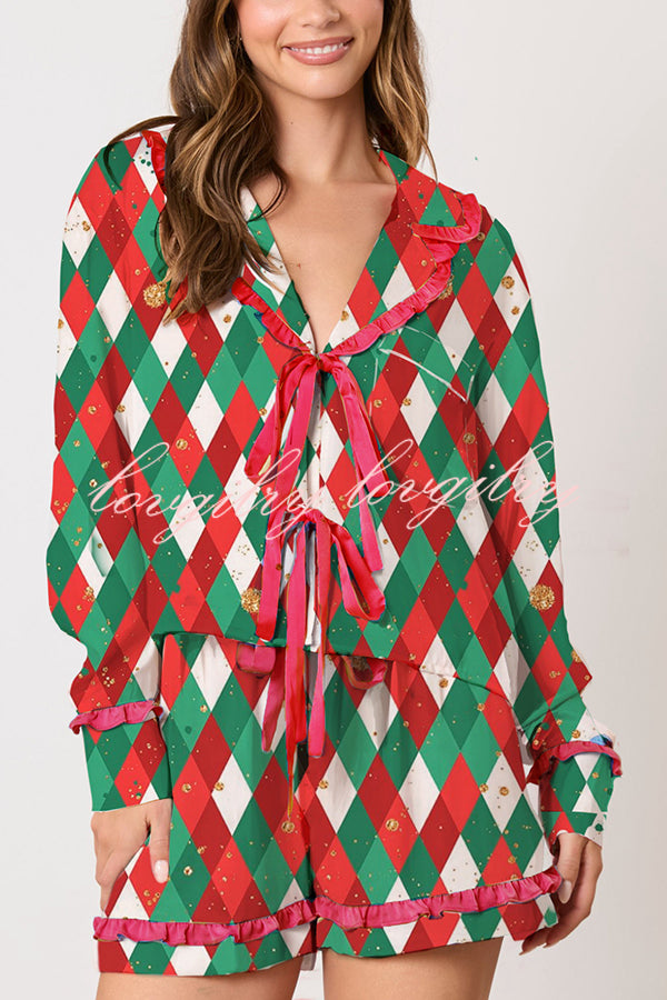 Christmas Holiday Print Bow Tie Long Sleeve and Elastic Waist Loose Shorts Set