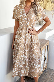 Bohemian Resort Style Print Casual Short Sleeve Button Midi Dress
