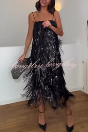 Chic Celebration Layered Sequined Tassels Slip Strapless H-line Midi Dress