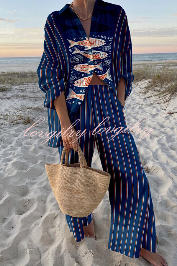 Unique Ocean Print Oversized Shirt and Elastic Waist Pocket Pants Set