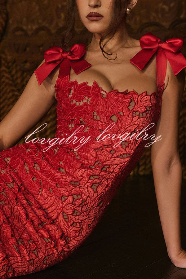 Holiday Intimacy Embroidered Floral Lace Bow Shoulder Straps Slit Maxi Dress