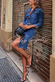 Autumn Treasure Washed Denim Button Up Pocketed Shirt Mini Dress