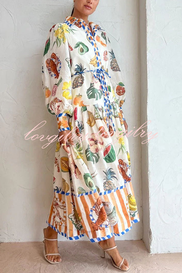 Hopeful Moments Tropical Fruit Print Balloon Sleeve Patchwork Shirt Midi Dress