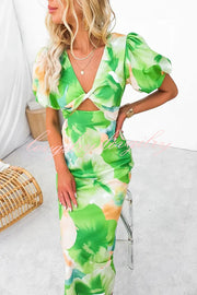 Sophia Floral Print Satin Puff Sleeve Twist Front Cutout Midi Dress