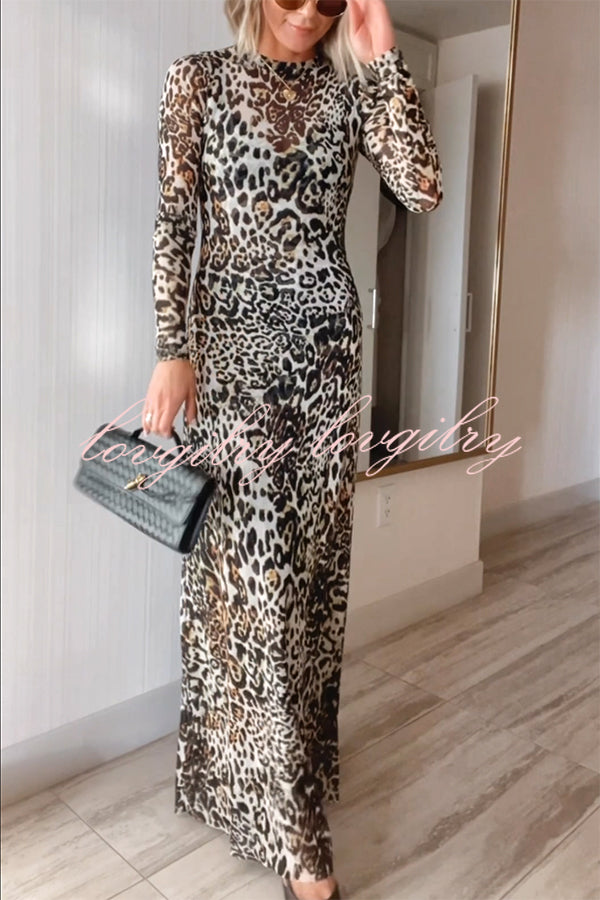 Wild As They Come Mesh Leopard Long Sleeve Stretch Maxi Dress