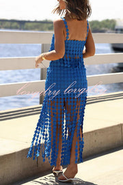 Caitlin See Through Circle Embroidery Square Neck Tassle Hem Slip Tank