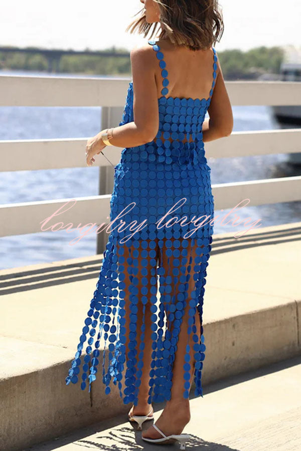Caitlin See Through Circle Embroidery Square Neck Tassle Hem Slip Tank