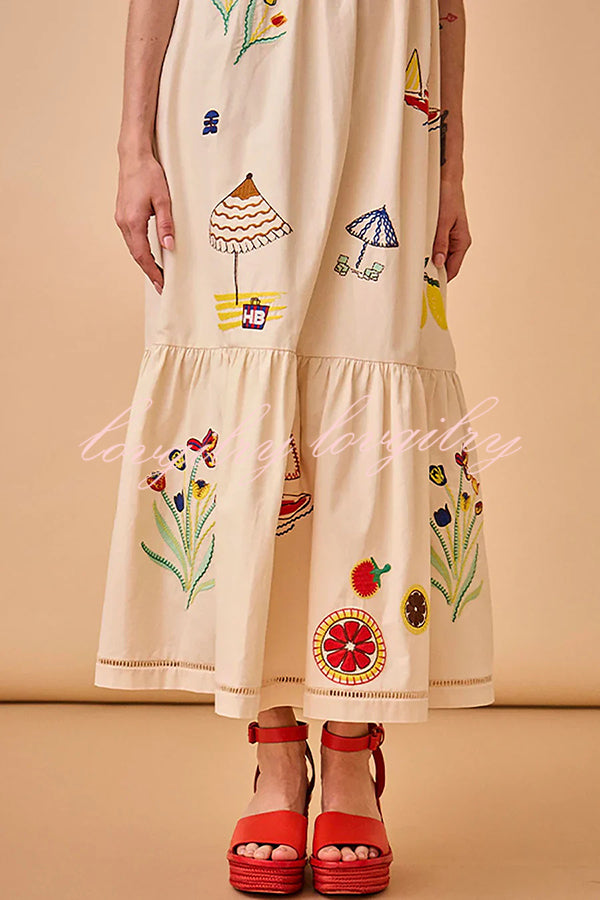 Summer Resort Printed Round Neck Bell Sleeve Maxi Dress