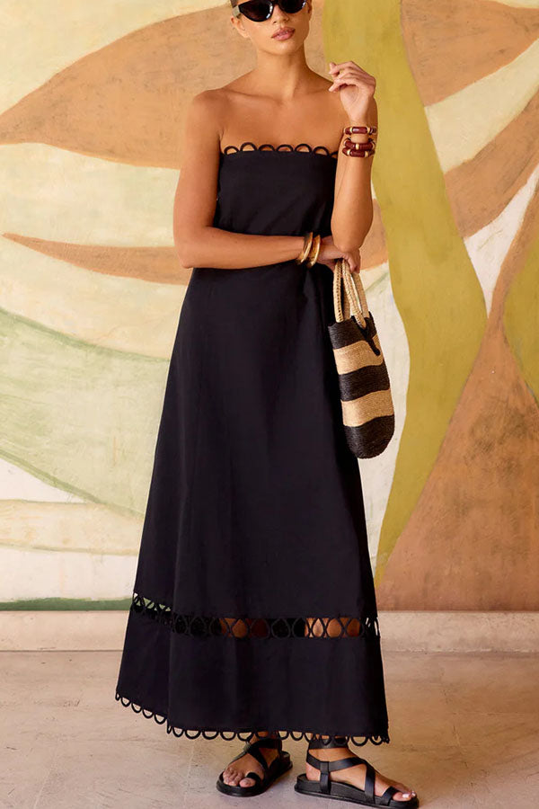 Gina Linen Blend Scallop Cutout Trim Strapless A-line Midi Dress