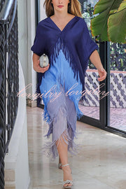 Fashionable Color-blocked Multi-layered Tassel Loose Midi Dress