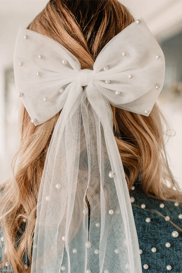 Mesh Ribbon Pearl Bow Hairpin