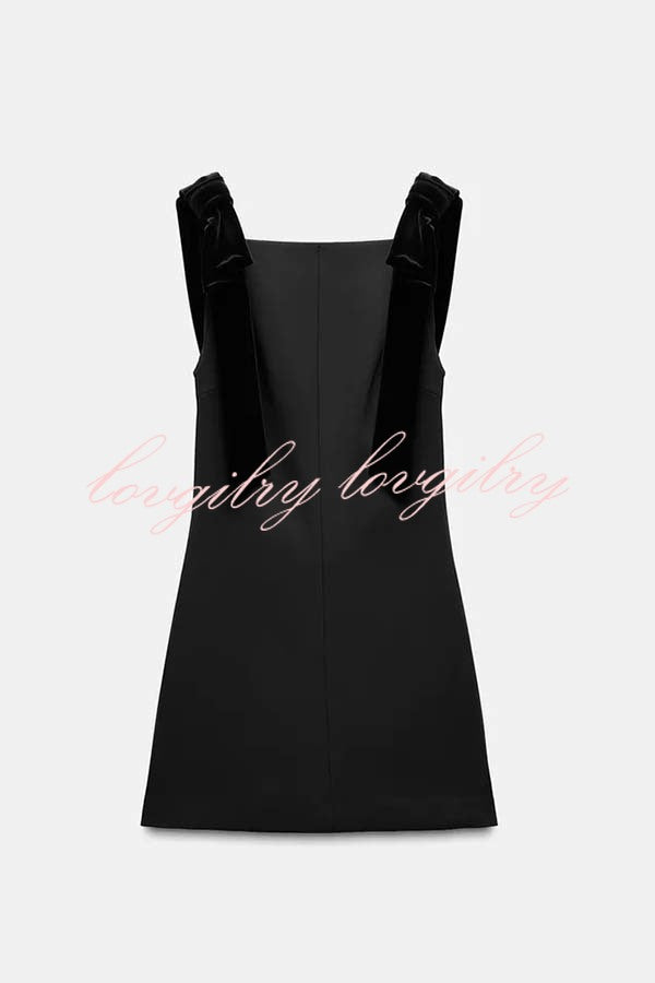 Miss Hepburn Velvet Bow Straps Straight Neckline Loose Mini Dress