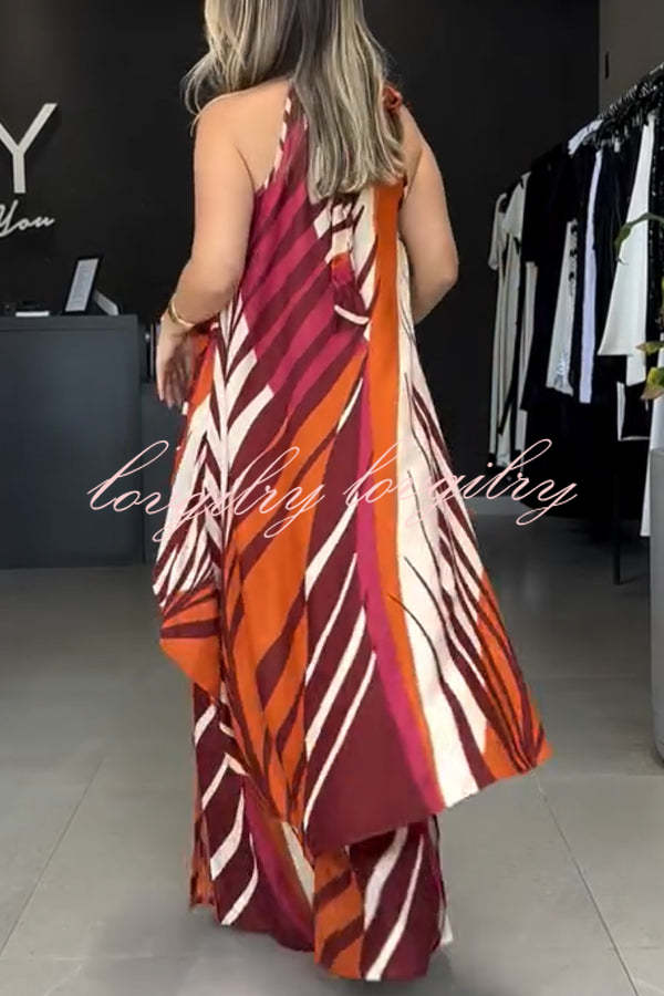 Edina Unique Print High Low Halter Loose Top and Elastic Waist Pocketed Wide Leg Pants Set