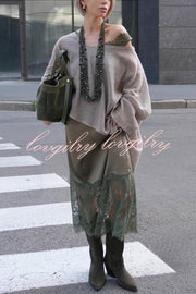 Luxury Winter Satin Lace Trim V-neck Sleeveless H-line Maxi Dress