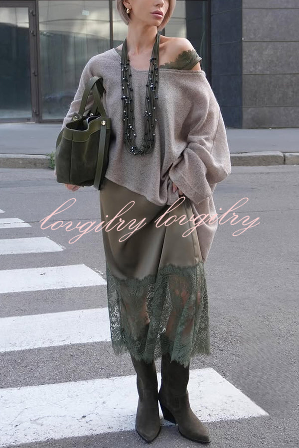 Luxury Winter Satin Lace Trim V-neck Sleeveless H-line Maxi Dress