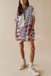 Contrast Striped Patchwork Denim Lapel Loose Casual Mini Dress