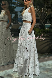 Next Trip Floral Embroidery Crochet Lace Crop Tank Top and Elastic Waist Pocket Maxi Skirt Set