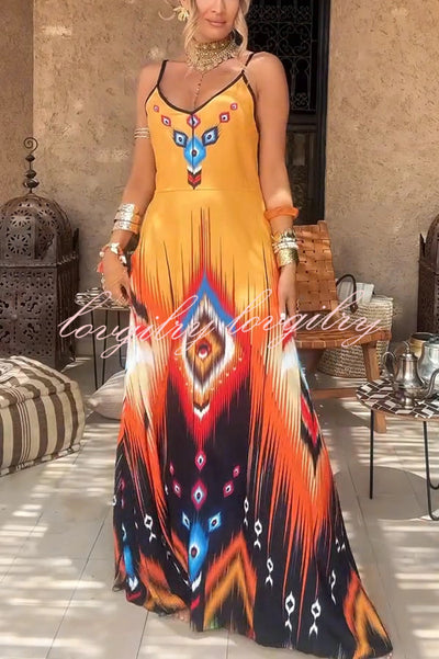 Unique Printed Suspender V-neck Loose Maxi Dress