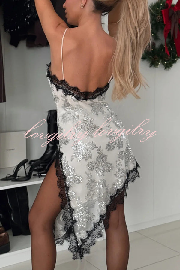 Charming and Romantic Floral Sequin Lace Trim Irregular Slit Hem Slip Mini Dress