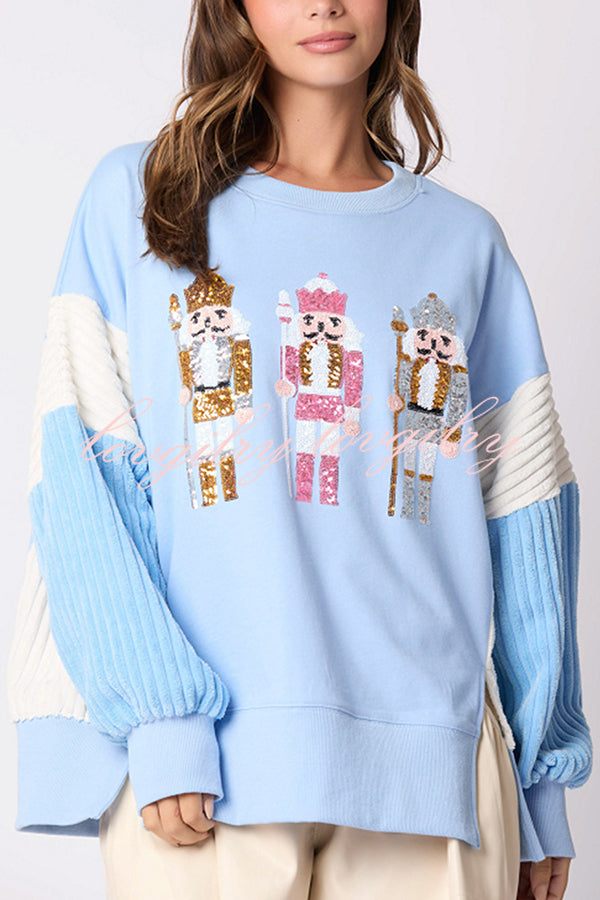 Christmas Nutcracker Sequined Patchwork Sleeve Color Block Sweatshirt