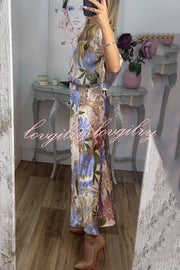 Satin Floral Print V-neck Half-sleeve Loose Top and Elegant Maxi Skirt Set