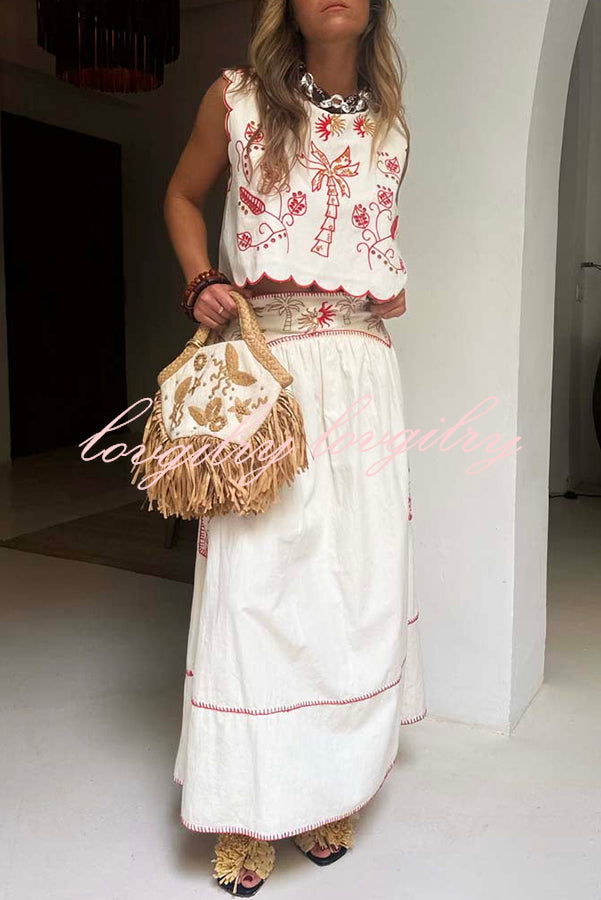 Sunny Day Linen Blend Contrast Embroidered Print Scallop Trim Lace-up Top