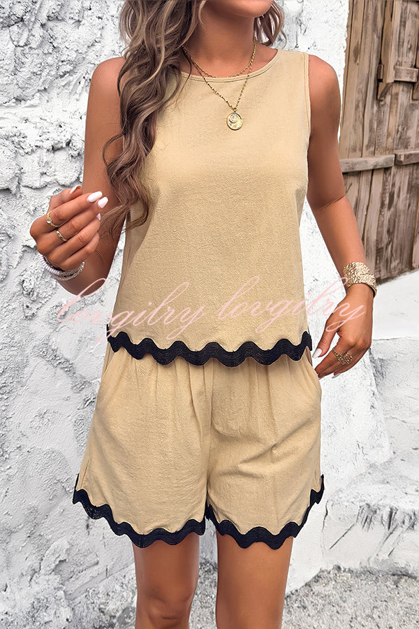 Casual Wavy Edge Buttoned Elastic Waist Shorts Set