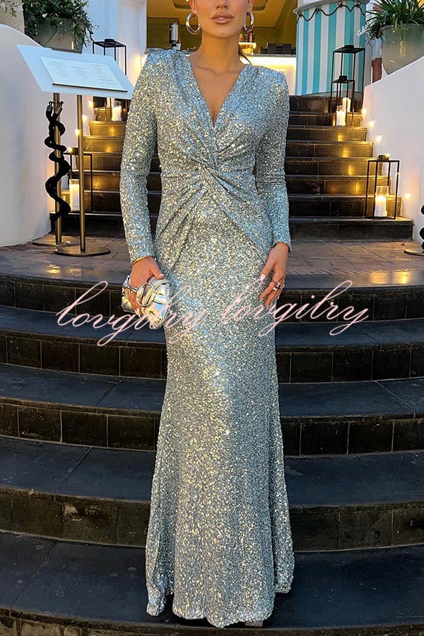 Give Em' Glam Sequin Long Sleeve Cross Waist Detail Evening Maxi Dress