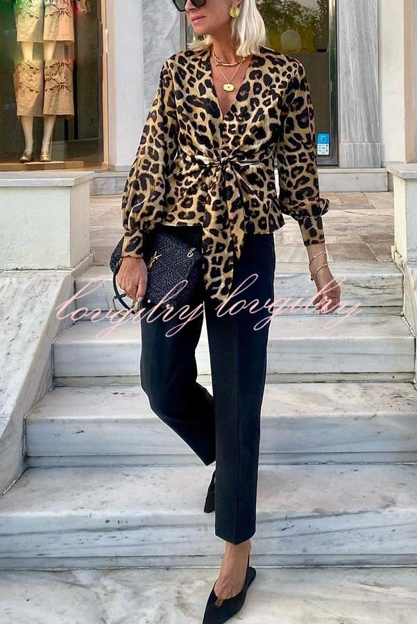 Janae Leopard Print Front Tie-up Lantern Sleeve Casual Blouse