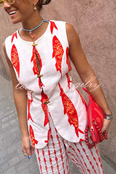 Good Luck Linen Blend Koi Pattern Metal Buttons Waisted Vest