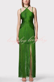 Sexy Halterneck Open Back Elegant Tassel Slim Maxi Dress